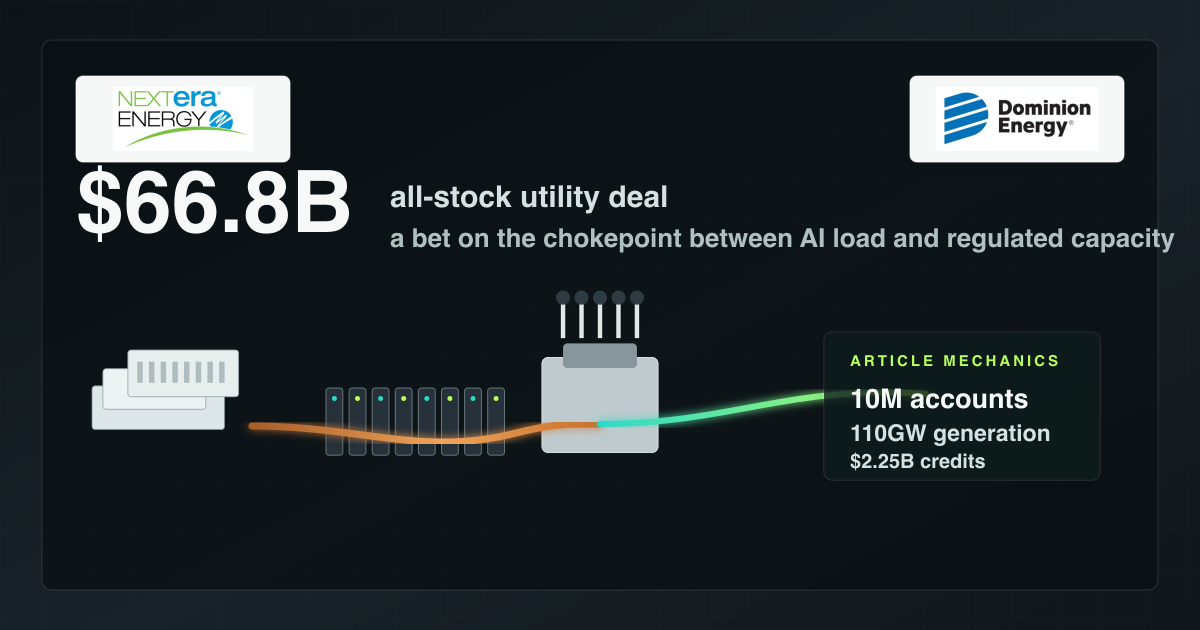 Editorial graphic summarizing the $66.8 billion NextEra-Dominion utility deal as a grid choke point between AI load and regulated capacity.